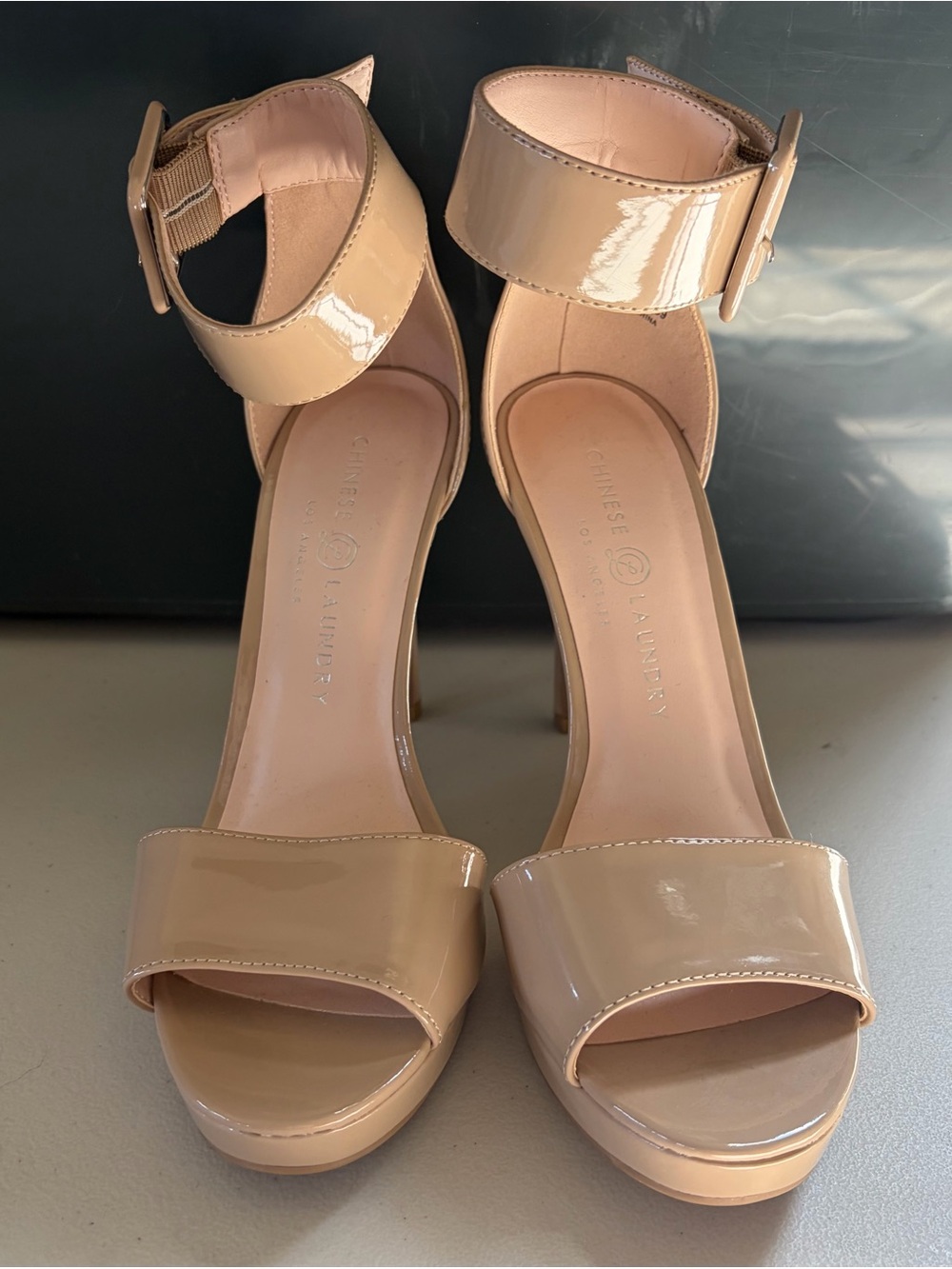 Chinese Laundry Nude Patent Ankle-Strap Stiletto Heels